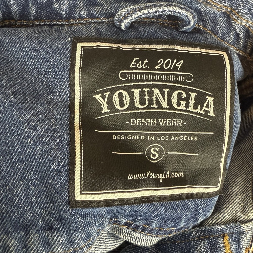 YoungLA Jean Jacket Mens Small Blue Distressed Acid Wash Denim Crossword Graphic - Picture 5 of 9